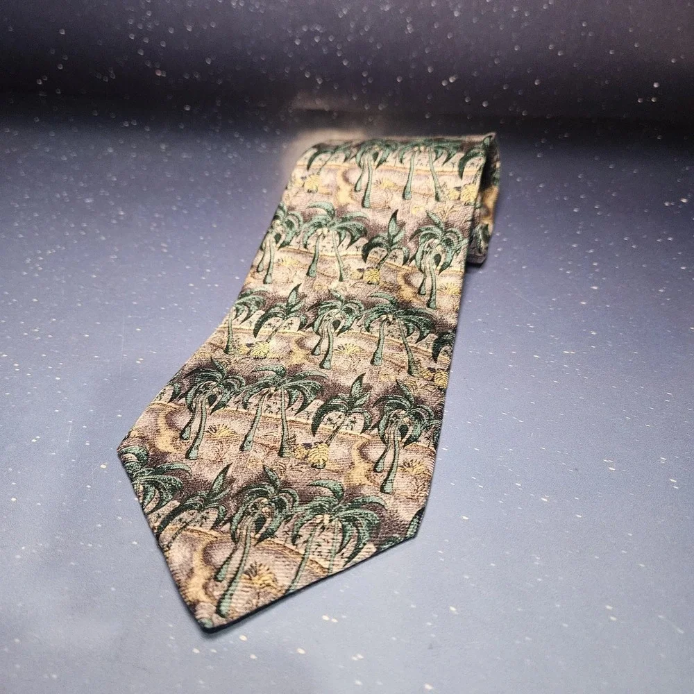 Reyn Spooner Necktie Mens OS Green Royal Fish Pond Palm‎ Tree Silk 1994 Vintage